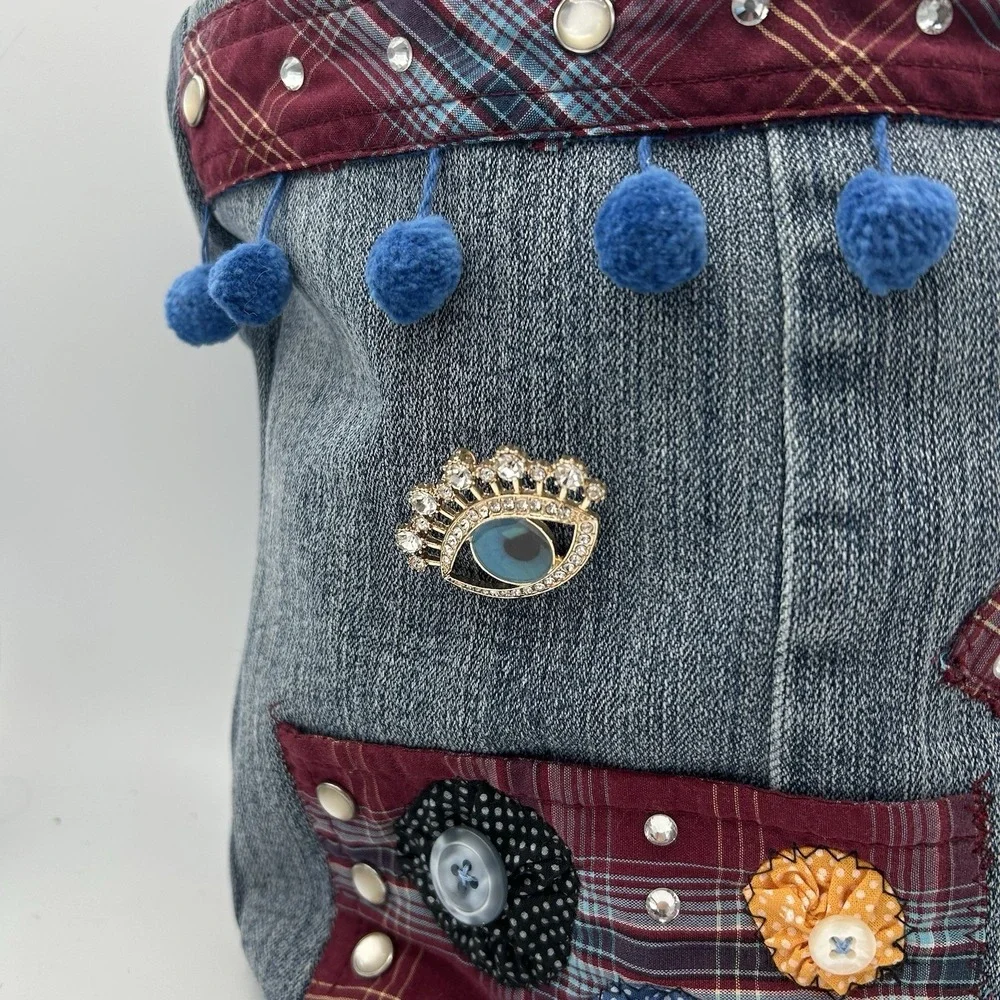 Handmade Denim Jean Bag Tote Purse Boho Upcycled Buttons Rhinestones Pearl‎